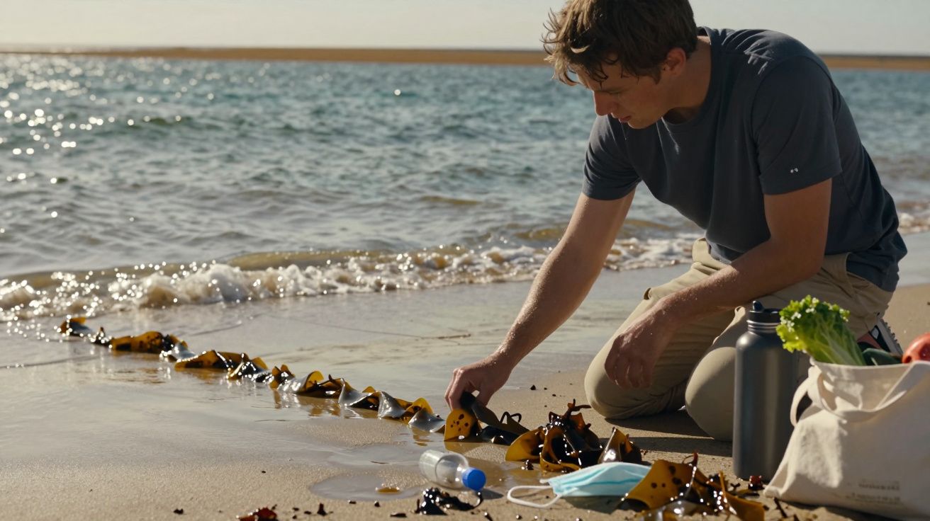 Homem a recolher lixo numa praia, com algas à beira-mar e sacos reutilizáveis ao lado.