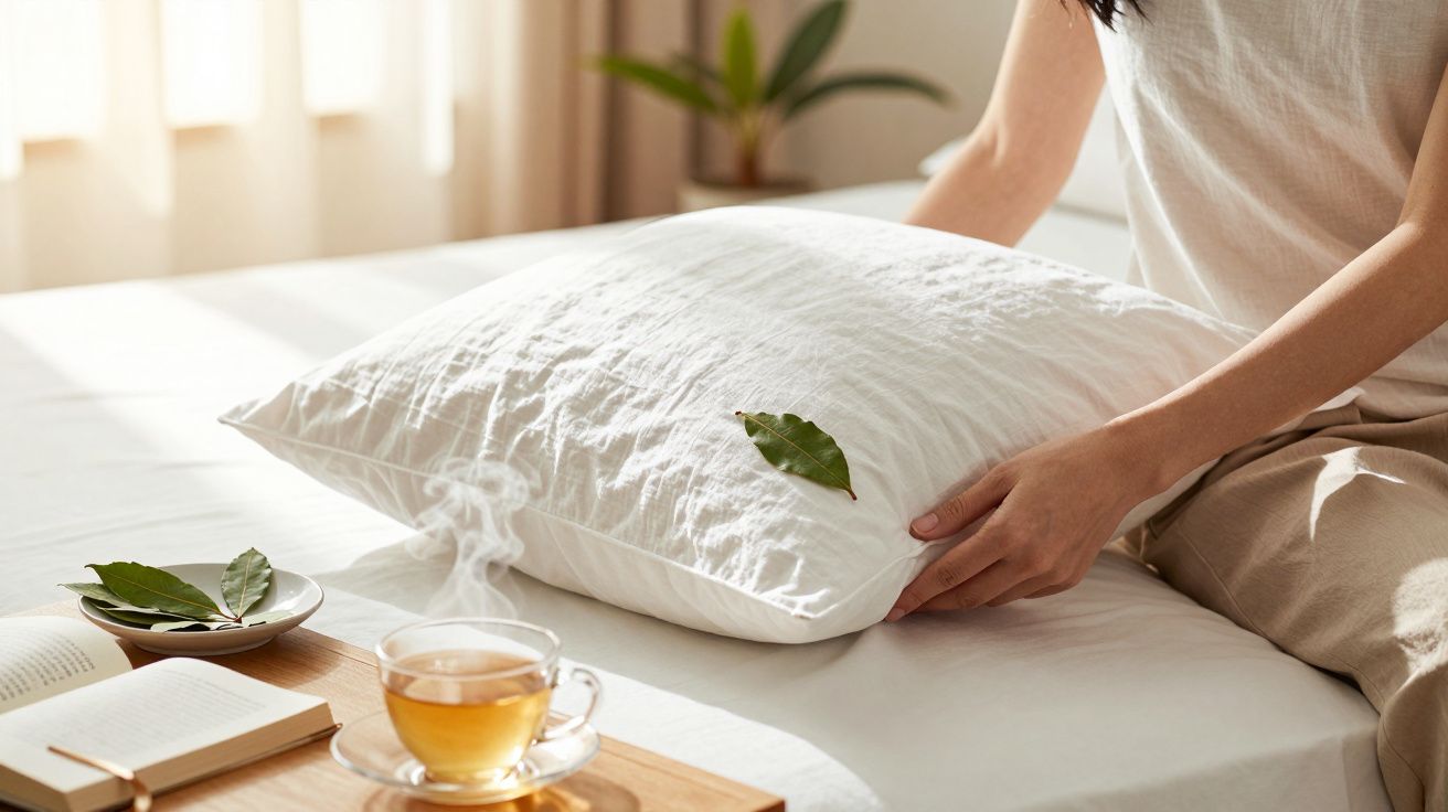 Mulher arruma almofada com folha verde, chá fumegante e livro sobre cama.