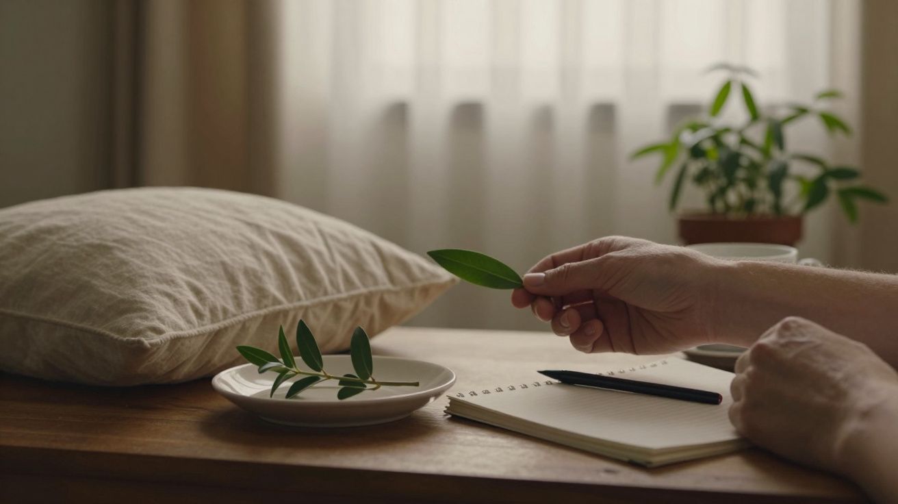 Mão segura uma folha sobre uma mesa com almofada, caderno, caneta e prato com folhas. Planta em vaso ao fundo.