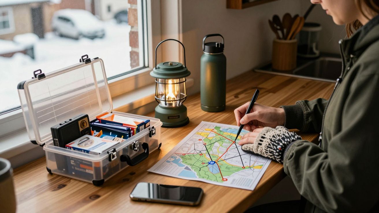 Pessoa a marcar um mapa numa mesa com caixa de ferramentas, lanterna, garrafa e telemóvel ao lado.