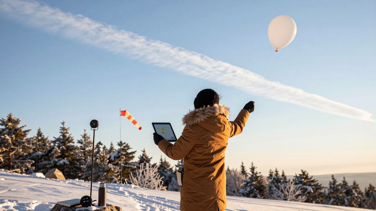 Pessoa com casaco marrom solta balão meteorológico em área nevada, segurando um tablet; céu claro ao entardecer.