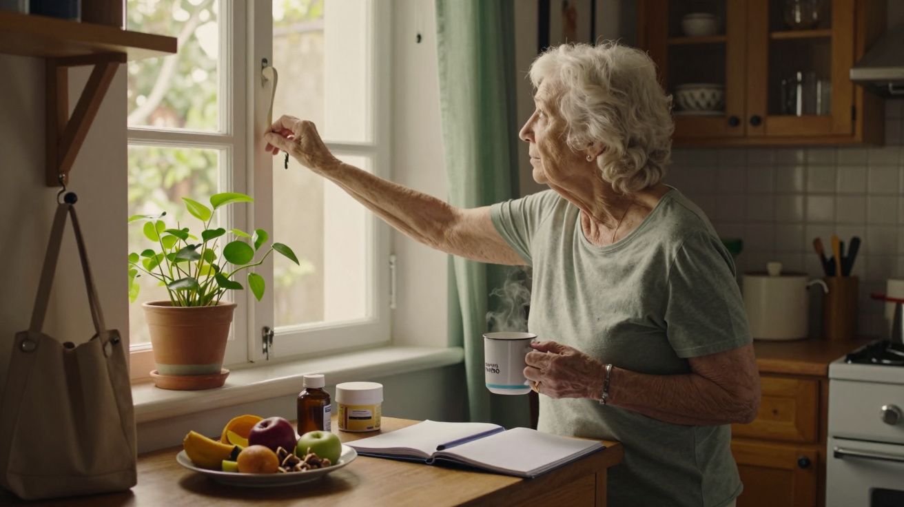 Idosa junto à janela, segurando uma chávena, livro aberto na mesa com frutas e planta ao lado.