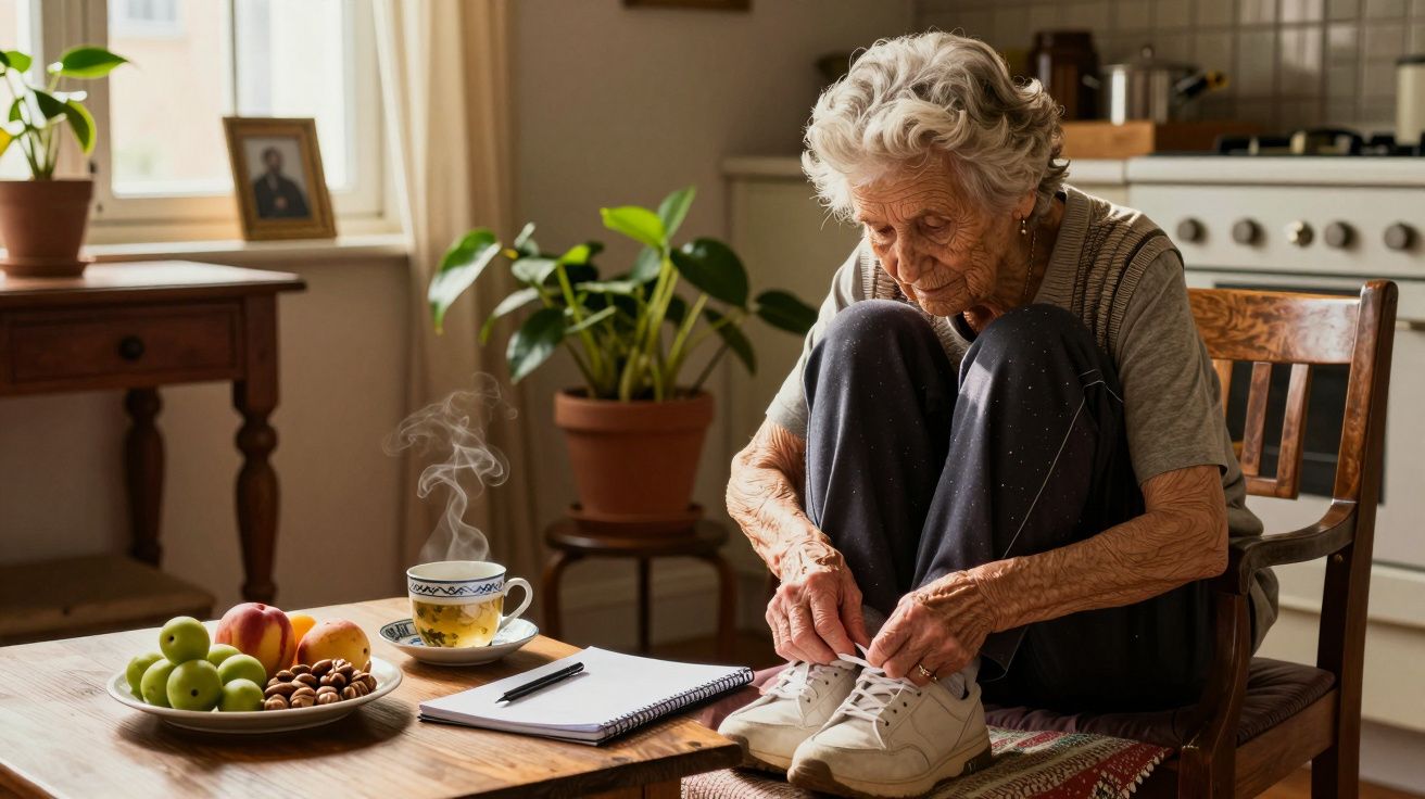 Mulher idosa amarra sapatos sentada numa cadeira, com chá e frutas na mesa ao lado numa cozinha iluminada.