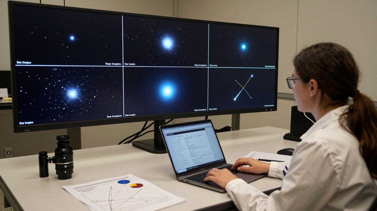 Mulher analisa dados astronómicos em dois monitores grandes, com laptop e papéis na mesa.