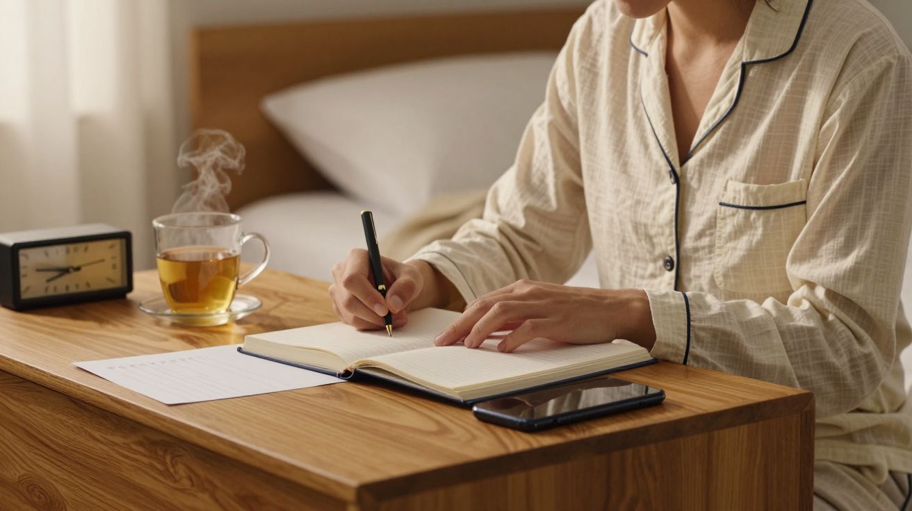 Pessoa de pijama escreve num caderno sobre a mesa, ao lado de chá quente e um relógio.
