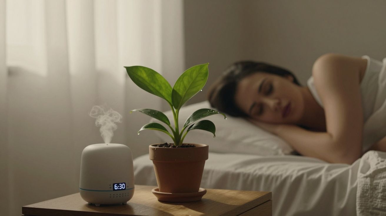 Mulher a dormir ao lado de uma planta e um difusor de aromas com relógio a marcar 6:30, numa mesa de cabeceira.