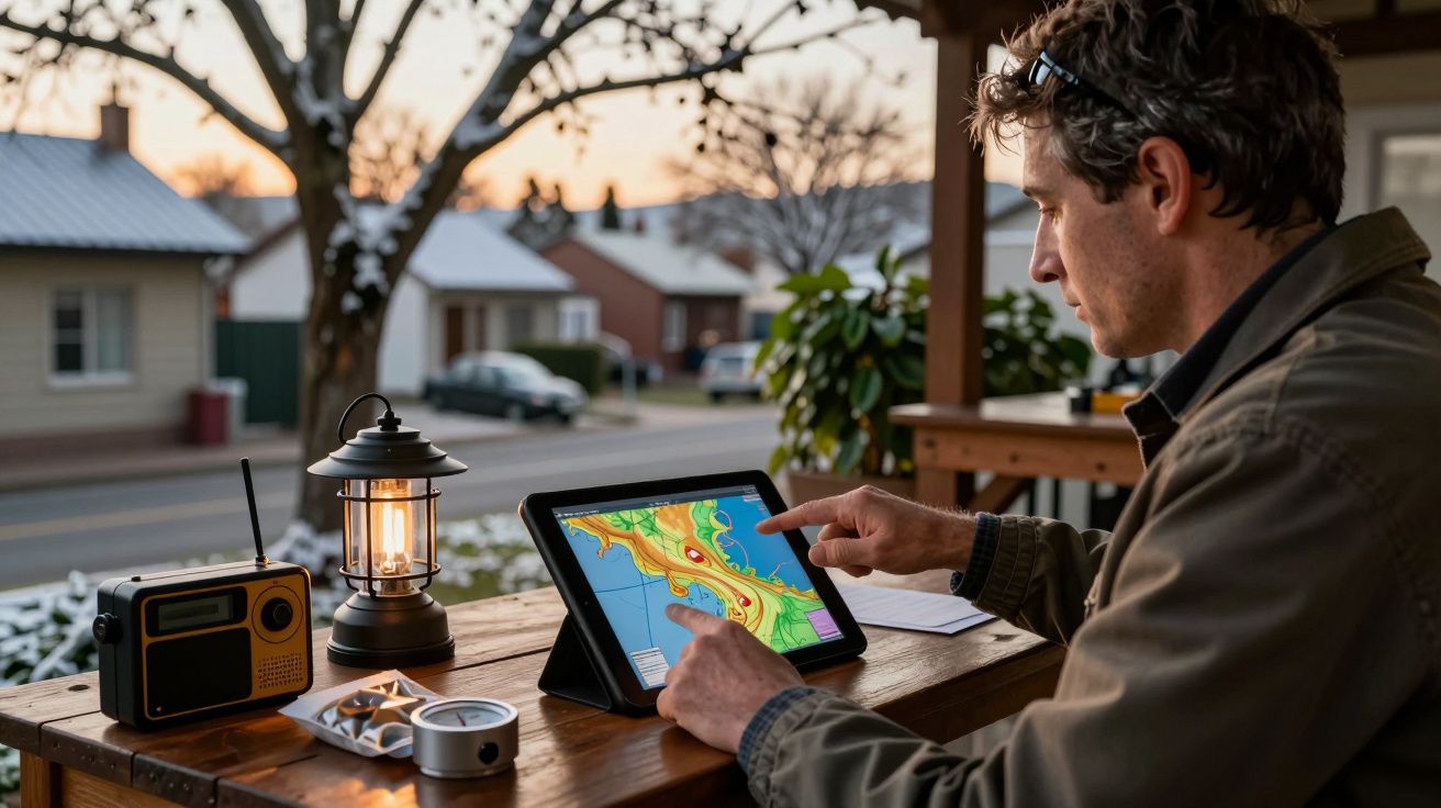 Homem consulta mapa em tablet numa varanda, ao lado de uma lanterna acesa e rádio, ao entardecer.