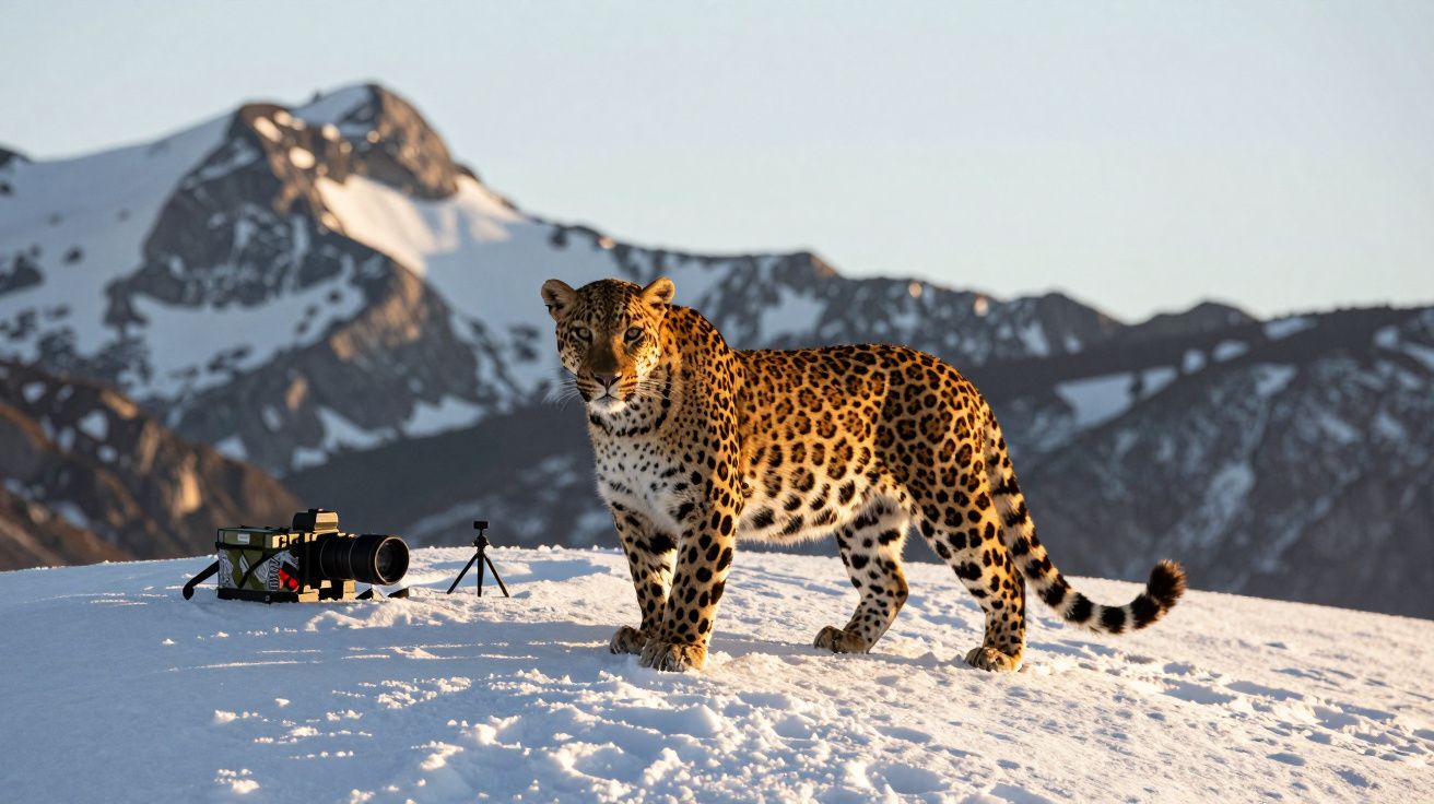 Leopardo em montanha nevada, perto de uma câmara fotográfica, com picos nevados ao fundo.