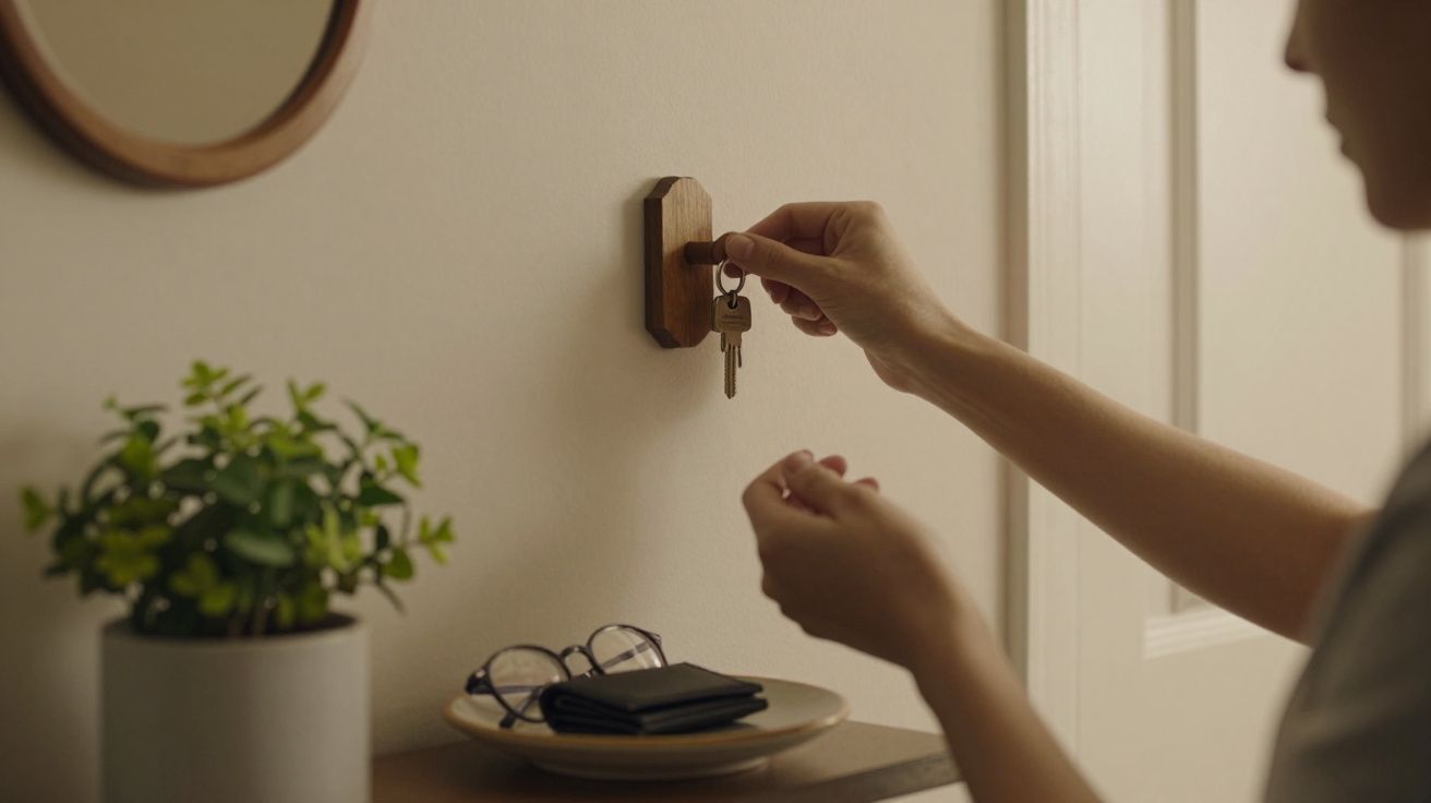 Pessoa pendura chaves num suporte de madeira na parede, com planta e objetos numa mesa próxima.
