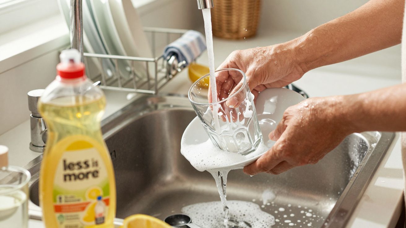 Pessoa a lavar um copo numa cozinha, com detergente amarelo visível ao lado da pia.