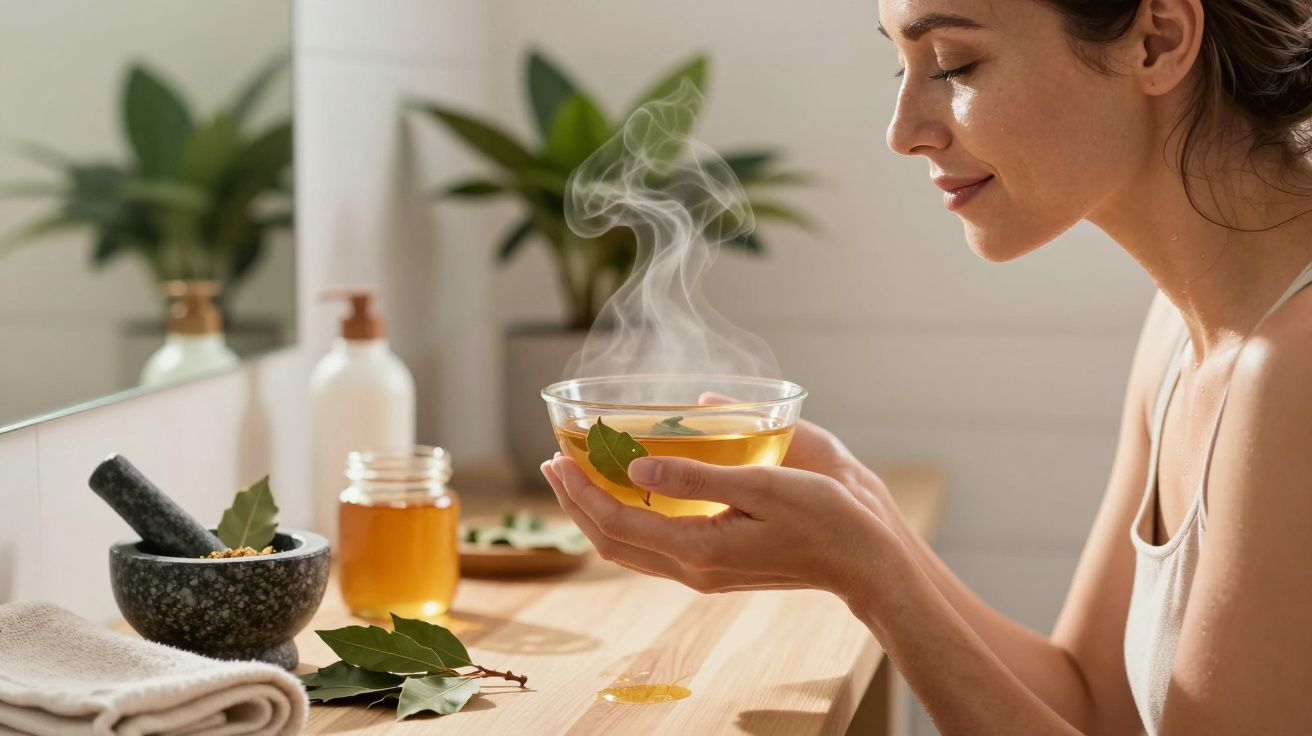 Mulher segurando uma tigela de chá fumegante, rodeada por plantas e utensílios de cozinha sobre uma mesa de madeira.