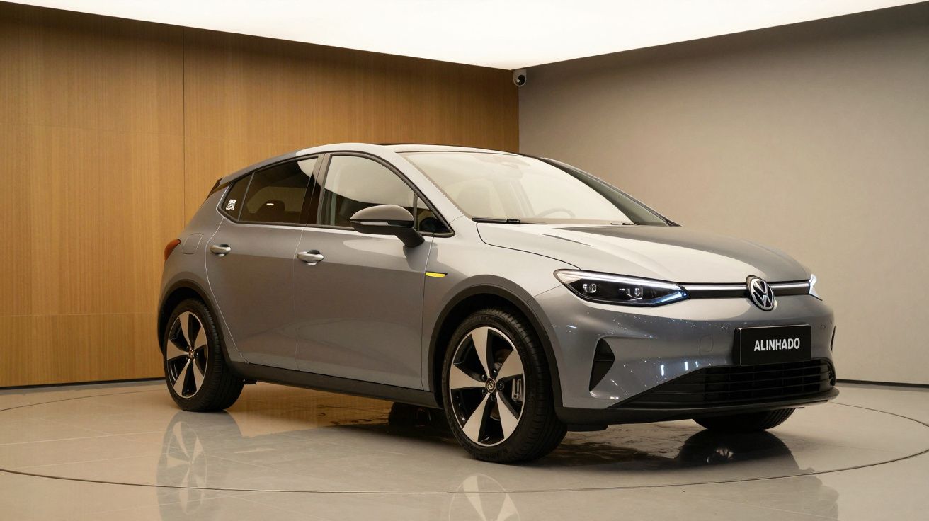 Carro elétrico prateado em exposição, visto de frente e lado, com fundo de madeira e parede cinza.