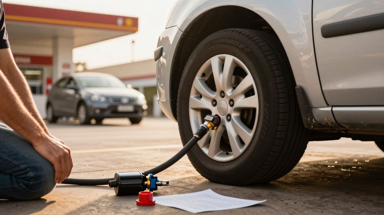 Homem inspecciona pneu de carro prateado num posto de combustível em dia ensolarado.