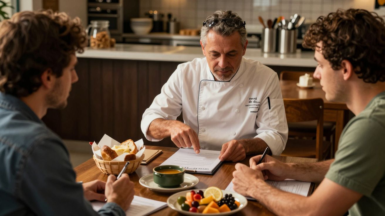 Chef conversa com dois homens numa mesa com documentos e pratos de comida na cozinha.