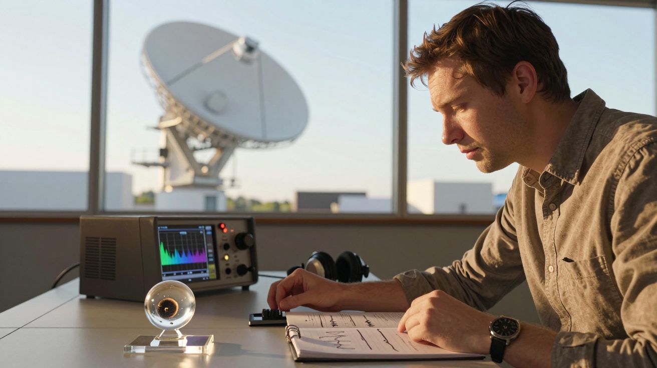 Homem a trabalhar com equipamento de rádio, escrevendo em folhas de papel. Antena parabólica ao fundo.