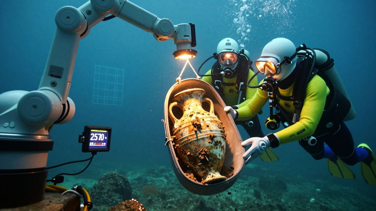 Dois mergulhadores observam um braço robótico a recolher uma ânfora antiga no fundo do mar.