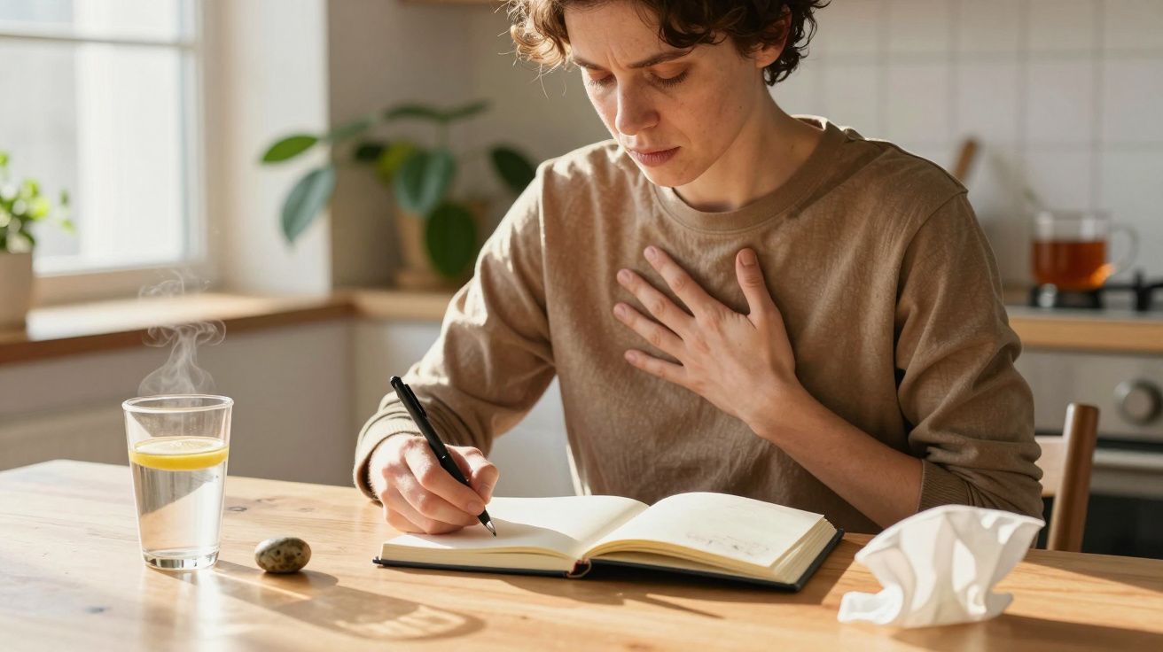 Pessoa escreve num caderno com uma mão no peito. Ao lado, um copo de água, um lenço e uma pedra sobre a mesa.