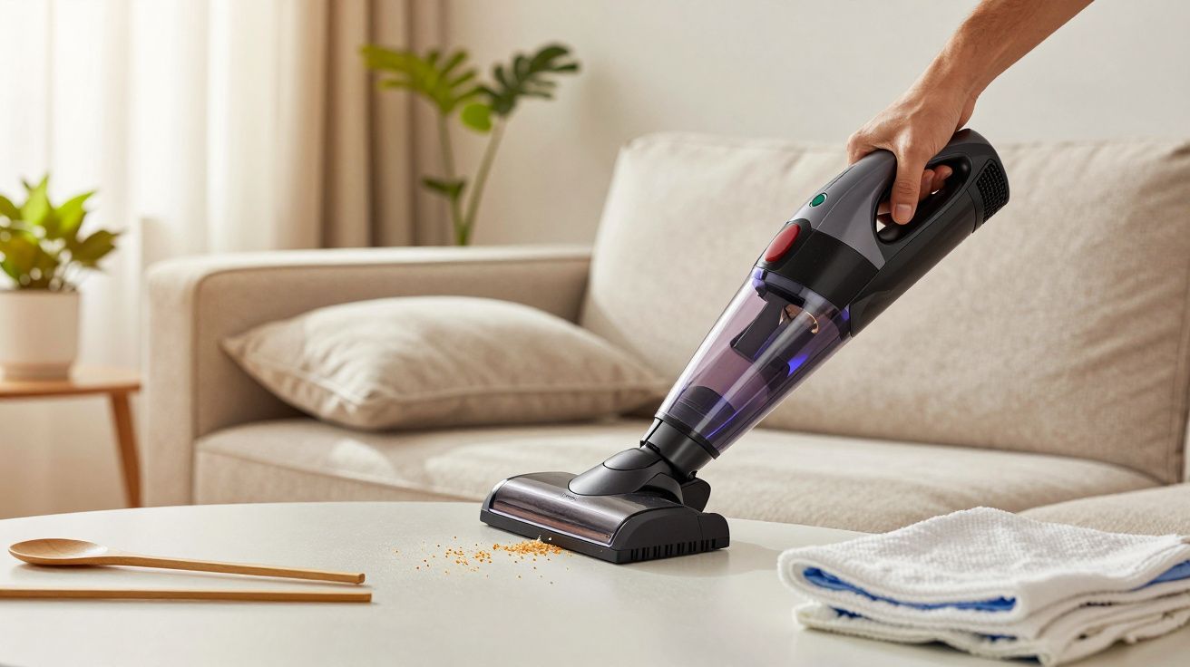 Pessoa a usar aspirador de mão para limpar migalhas numa mesa branca, com sofá e almofada ao fundo.