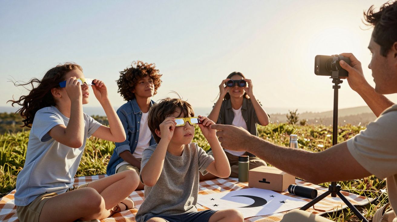 Grupo de crianças e adultos vê a paisagem com binóculos e periscópio, ao ar livre, num campo ao pôr-do-sol.