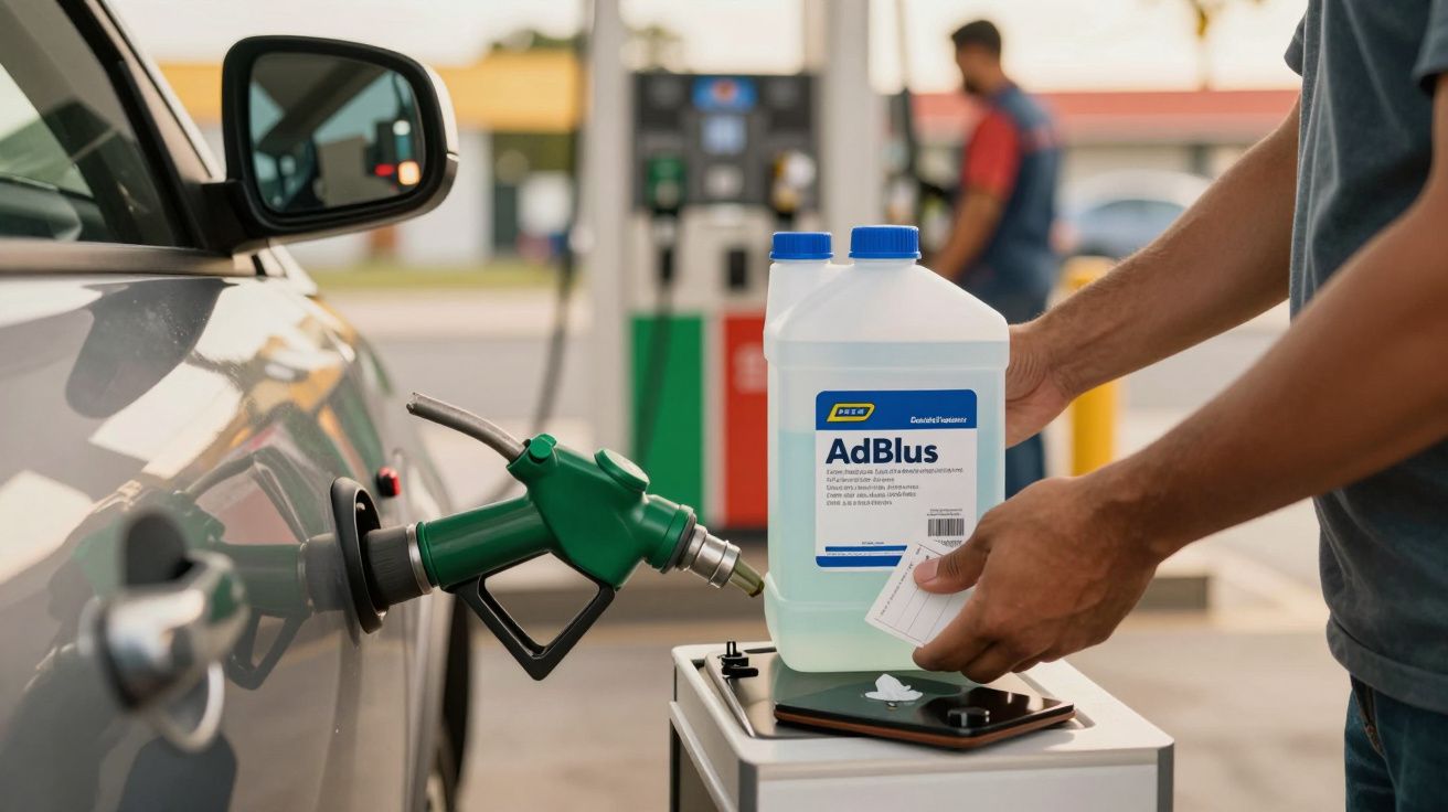 Homem a abastecer carro com bomba de combustível verde, segurando garrafa de AdBlue numa estação de serviço.