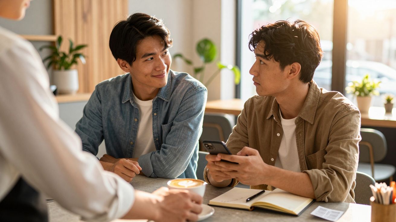 Dois homens conversam numa cafetaria iluminada, com café e caderno sobre a mesa.