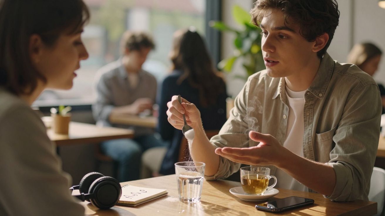 Homem e mulher conversam num café, com chá e caderno na mesa. Ao fundo, outras pessoas em mesas próximas.