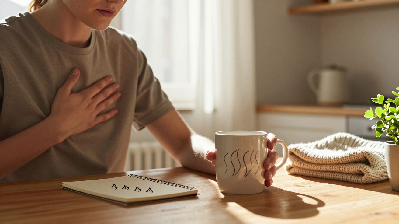 Mulher sentada à mesa, mão no peito, segurando caneca de café. Bloco de notas e planta sobre a mesa.
