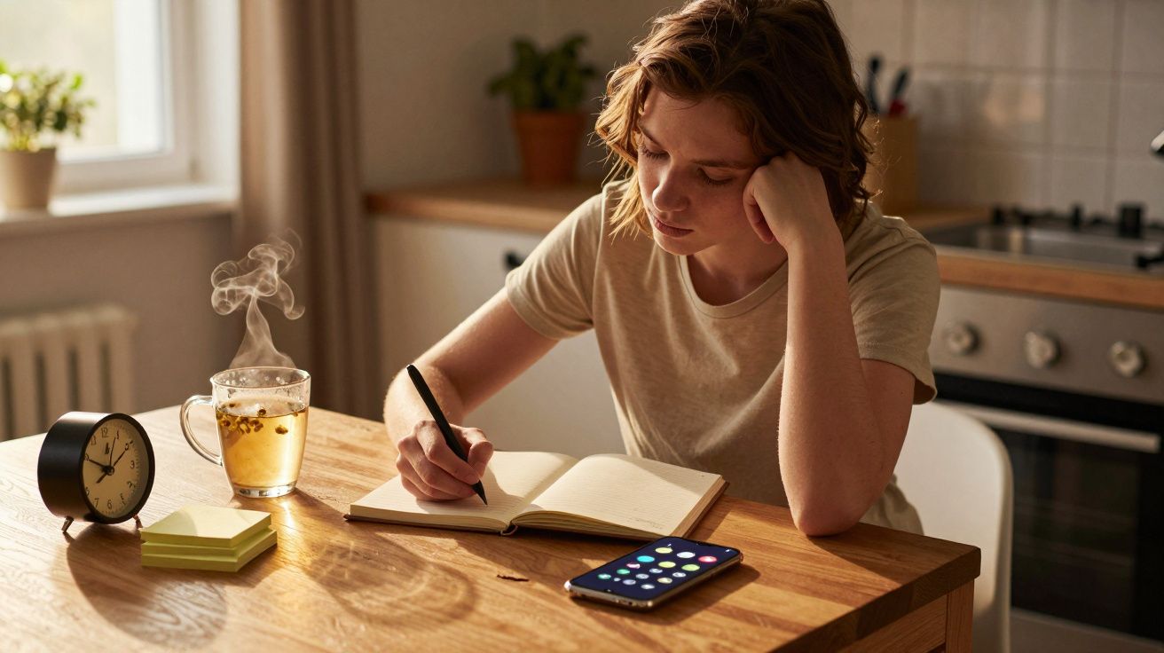 Pessoa escreve num bloco de notas numa cozinha, com um chá quente e um telemóvel sobre a mesa.