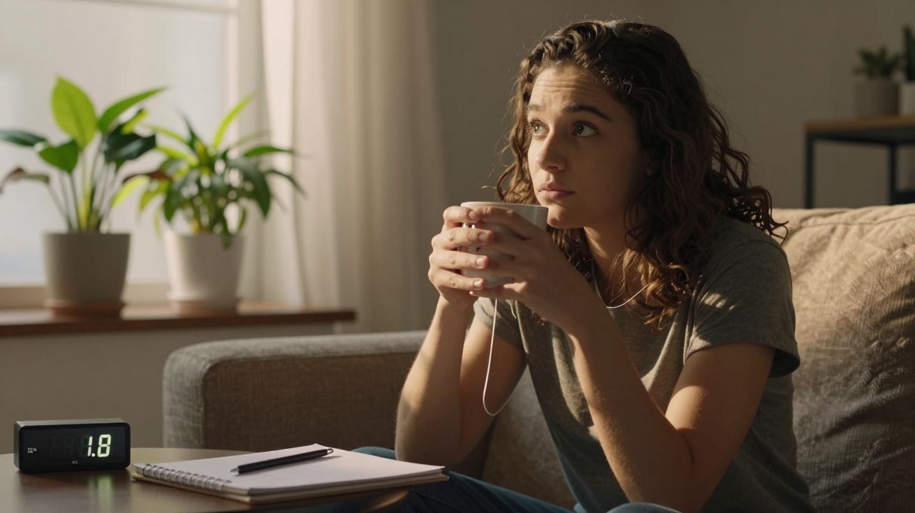 Mulher pensativa numa sala iluminada, segurando uma caneca, com plantas ao fundo e um bloco de notas com caneta na mesa.