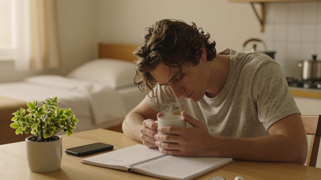 Homem sentado à mesa, segurando uma caneca, com um caderno aberto e um telemóvel ao lado.