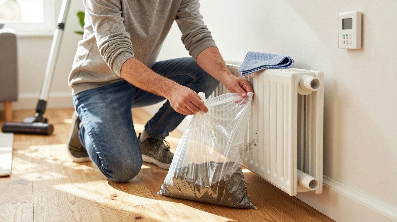 Homem agacha-se para limpar radiador com pano e saco de pó ao lado. Aspirador de pó ao fundo.