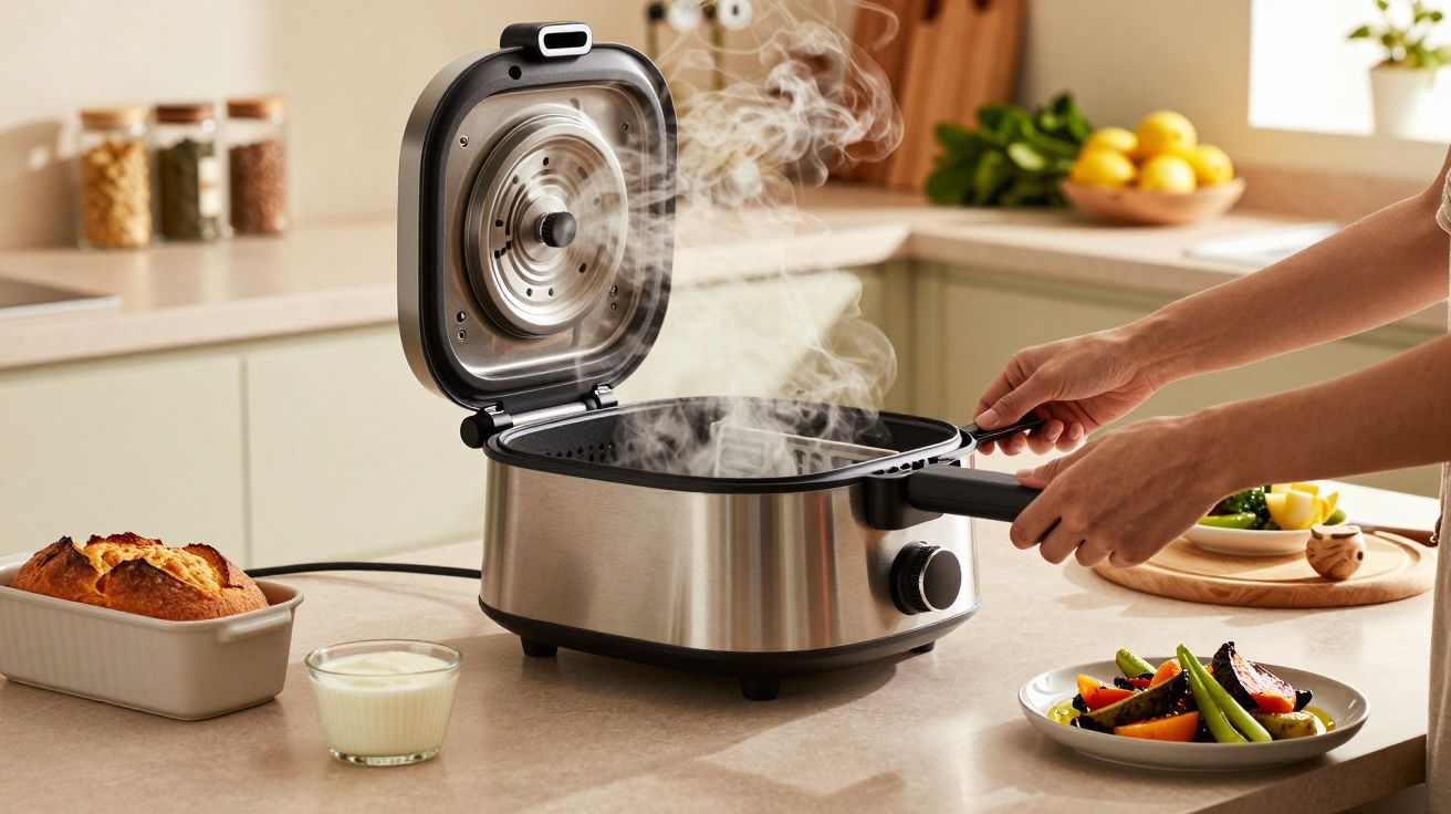 Pessoa usando uma panela elétrica a vapor na cozinha, com vegetais frescos e pão sobre o balcão ao lado.