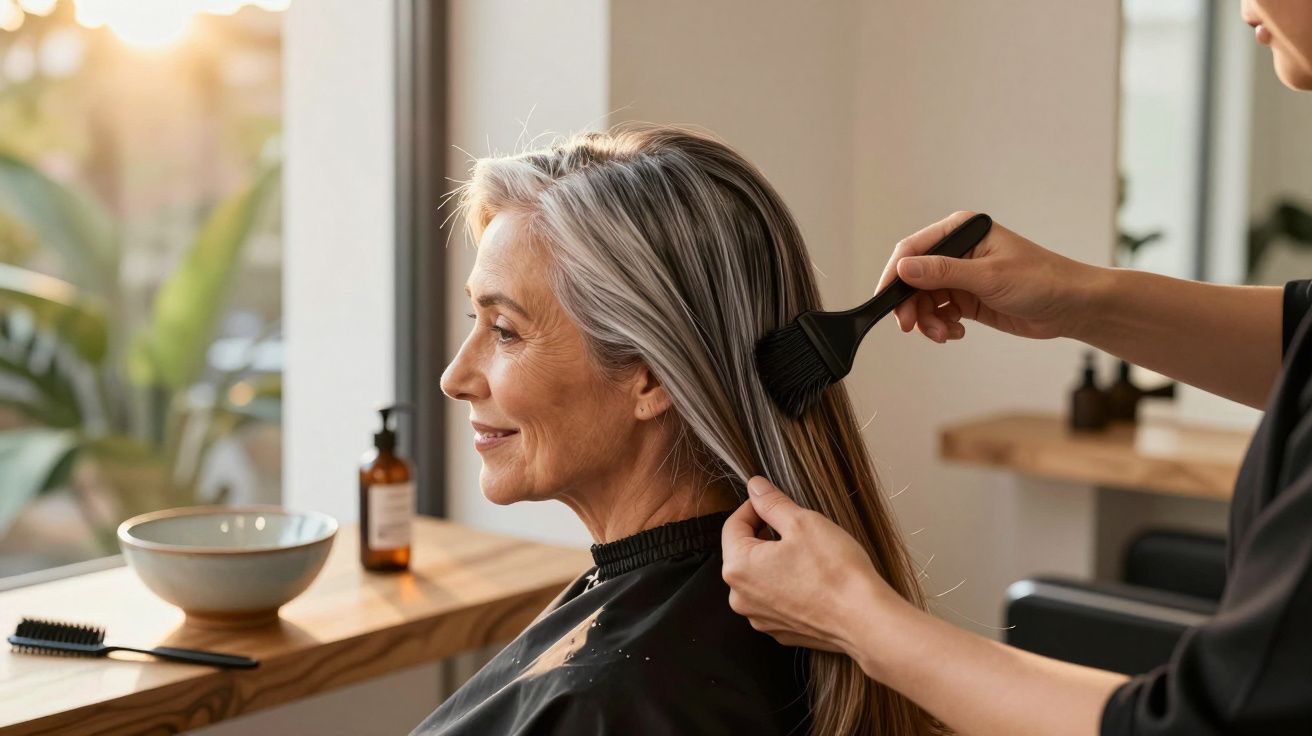 Mulher com cabelo grisalho a ser penteado por cabeleireiro num salão bem iluminado.
