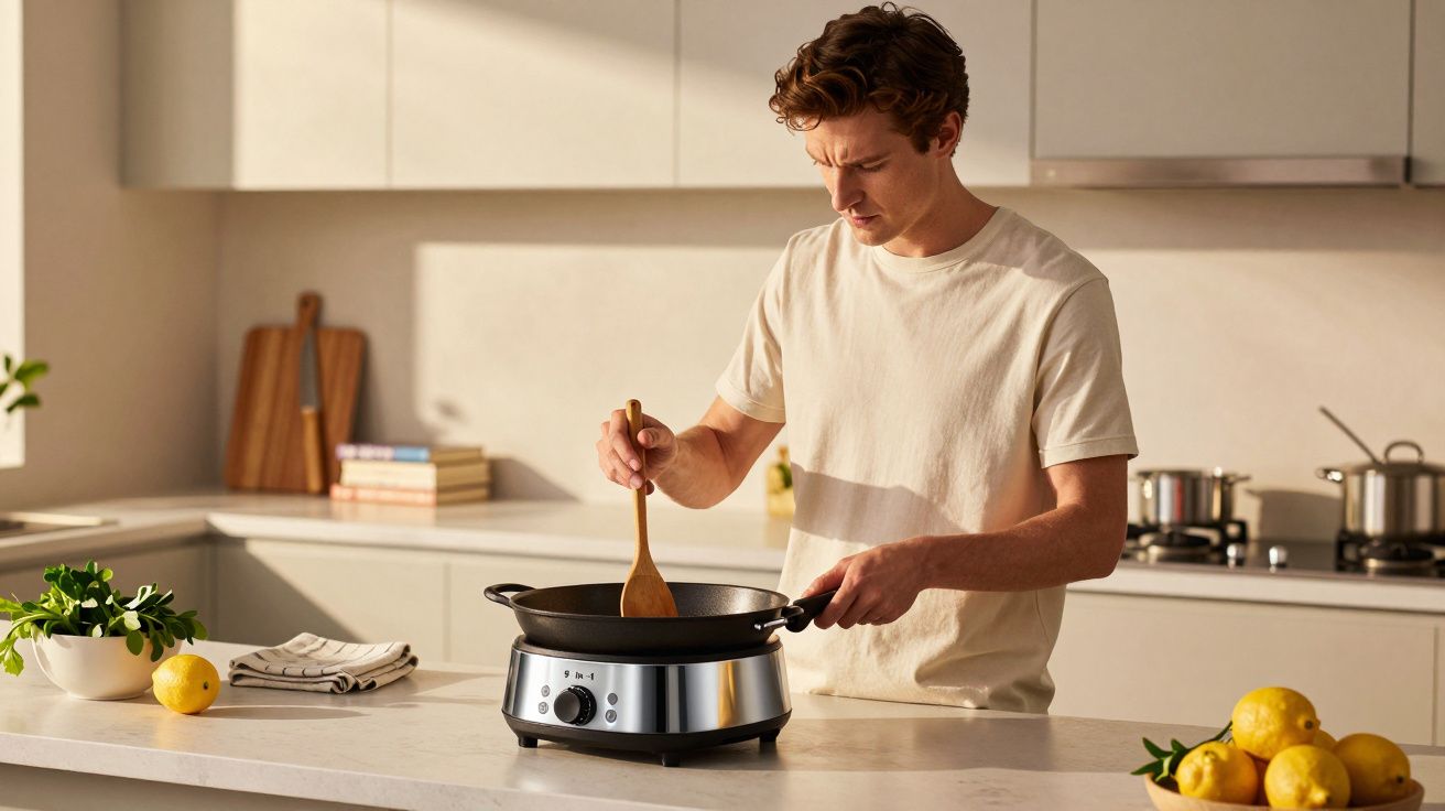 Homem a cozinhar numa panela elétrica na cozinha, segurando uma colher de madeira. Limões e plantas no balcão.