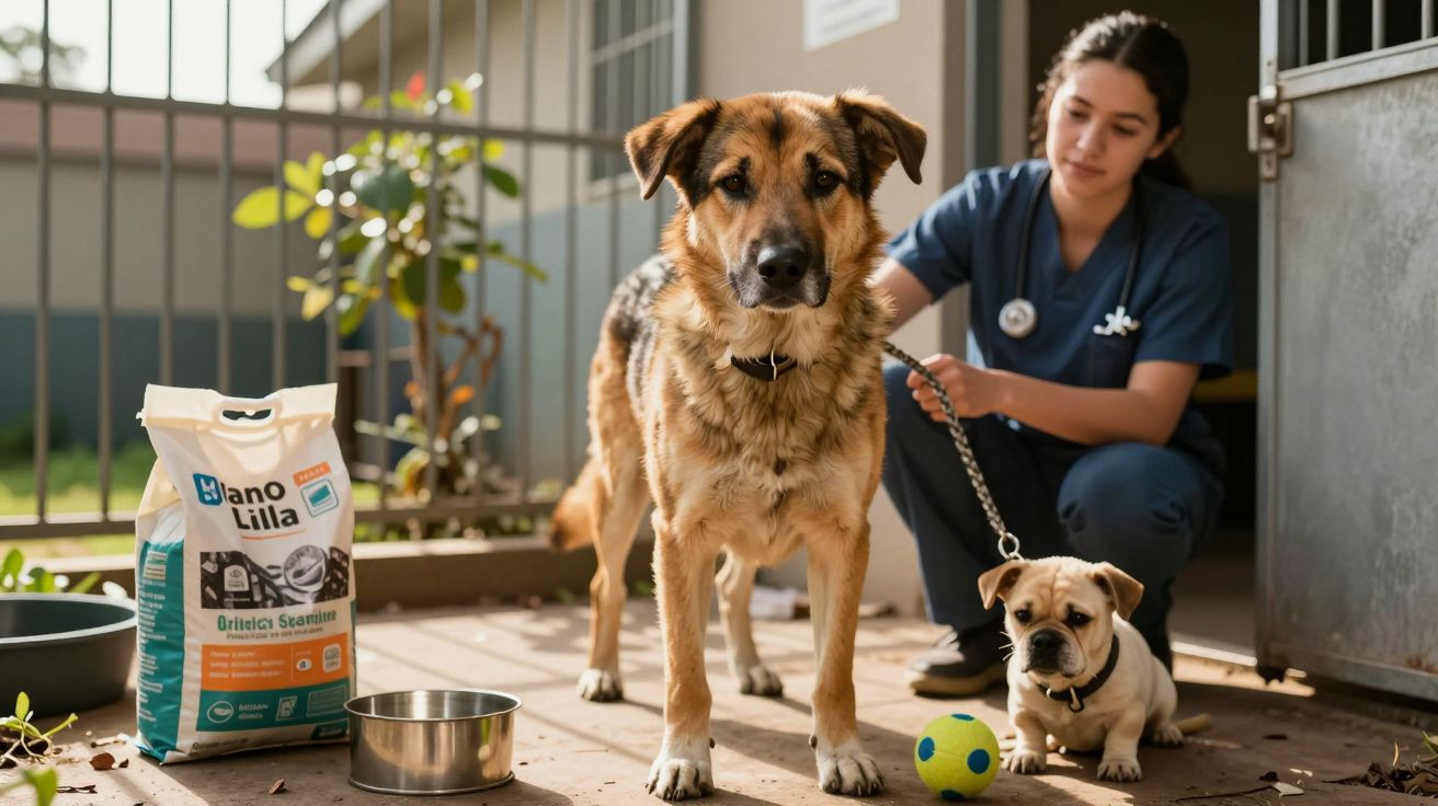 Dois cães, um grande e um pequeno, num abrigo com uma cuidadora ao lado, tigela metálica e bola colorida no chão.