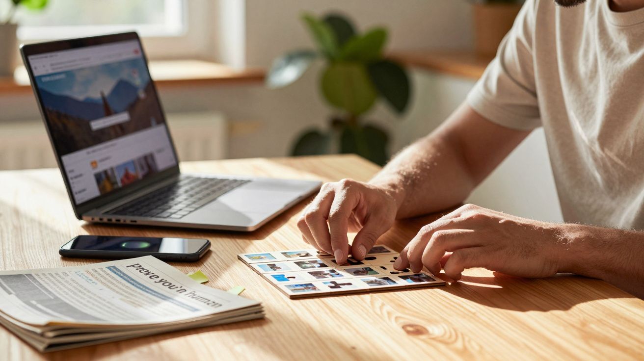 Pessoa a organizar fotografias na mesa, com laptop e jornal ao lado, ambiente iluminado.