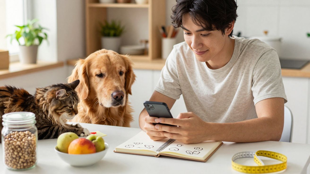 Jovem com smartphone, cão e gato na cozinha. Livro, frutas e medidor de fita na mesa.