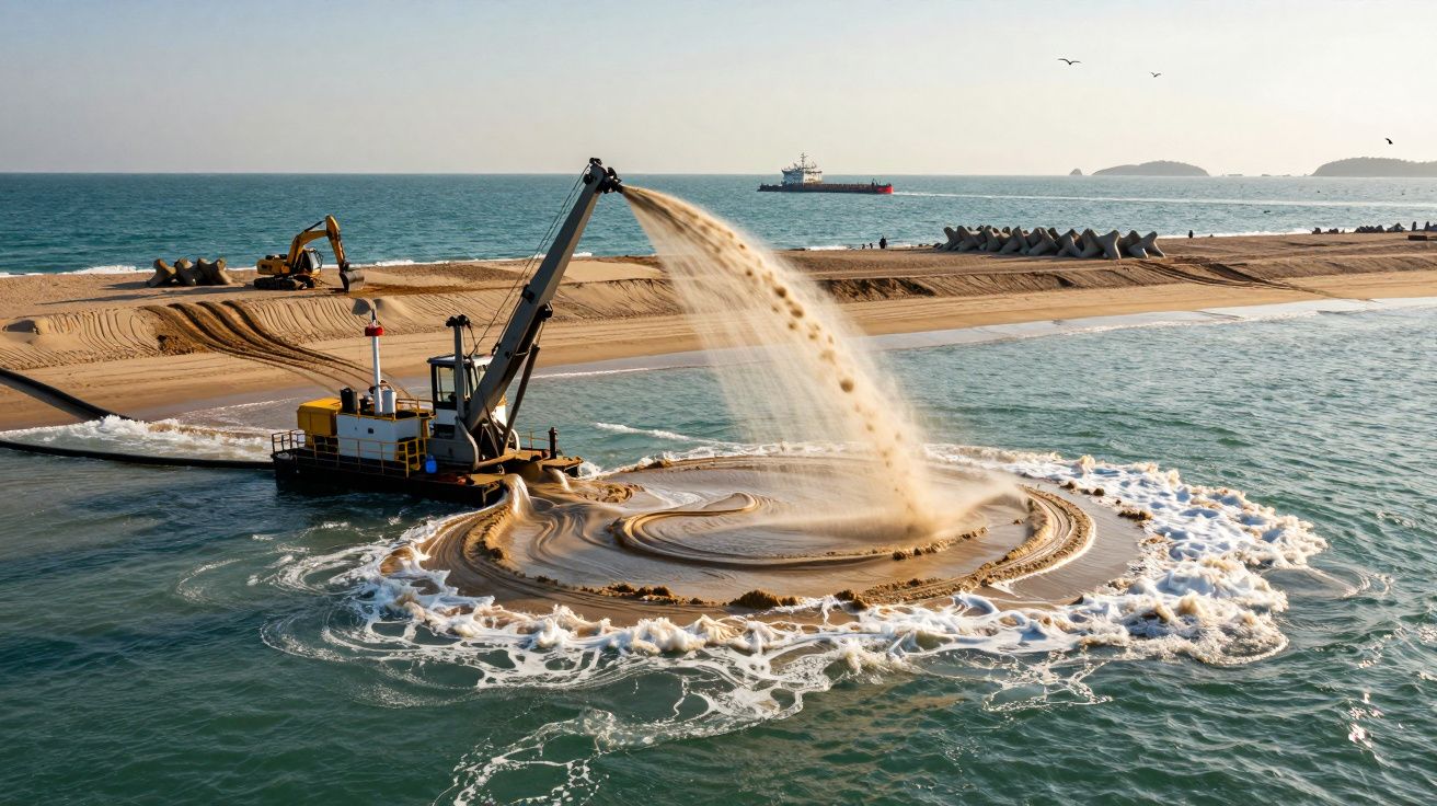 Draga em operação, despejando areia no mar junto a uma ilha artificial, com fundo de oceano e céu claro.
