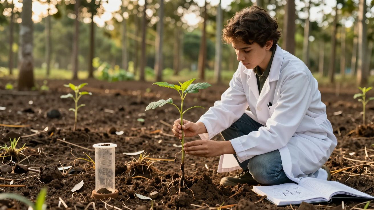 Jovem cientista de bata branca examina planta em campo com árvores ao fundo, caderno aberto no chão.