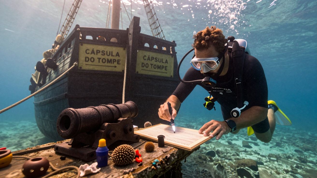 Mergulhador escreve num quadro submerso ao lado de um navio com "Cápsula do Tompe" ancorado no fundo do mar.
