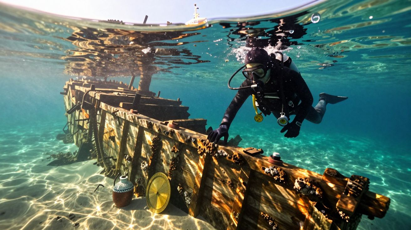 Mergulhador examina destroços de um navio em águas claras, adornados com conchas e objetos submersos.