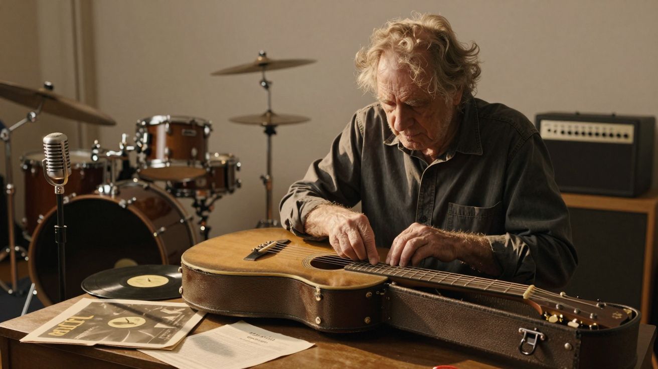 Homem idoso ajusta cordas de guitarra numa sala com bateria, amplificador e microfone antigo.