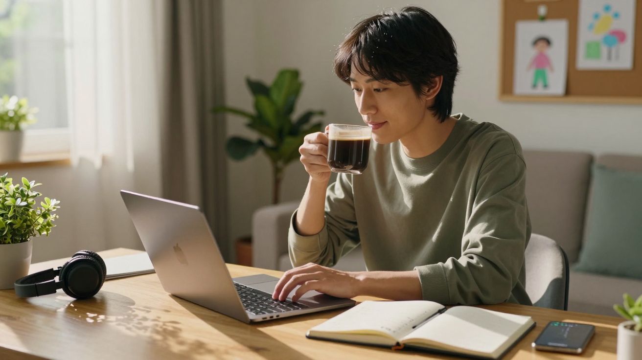 Pessoa trabalha num portátil e bebe café, sentada à mesa com caderno aberto, auscultadores e telemóvel.