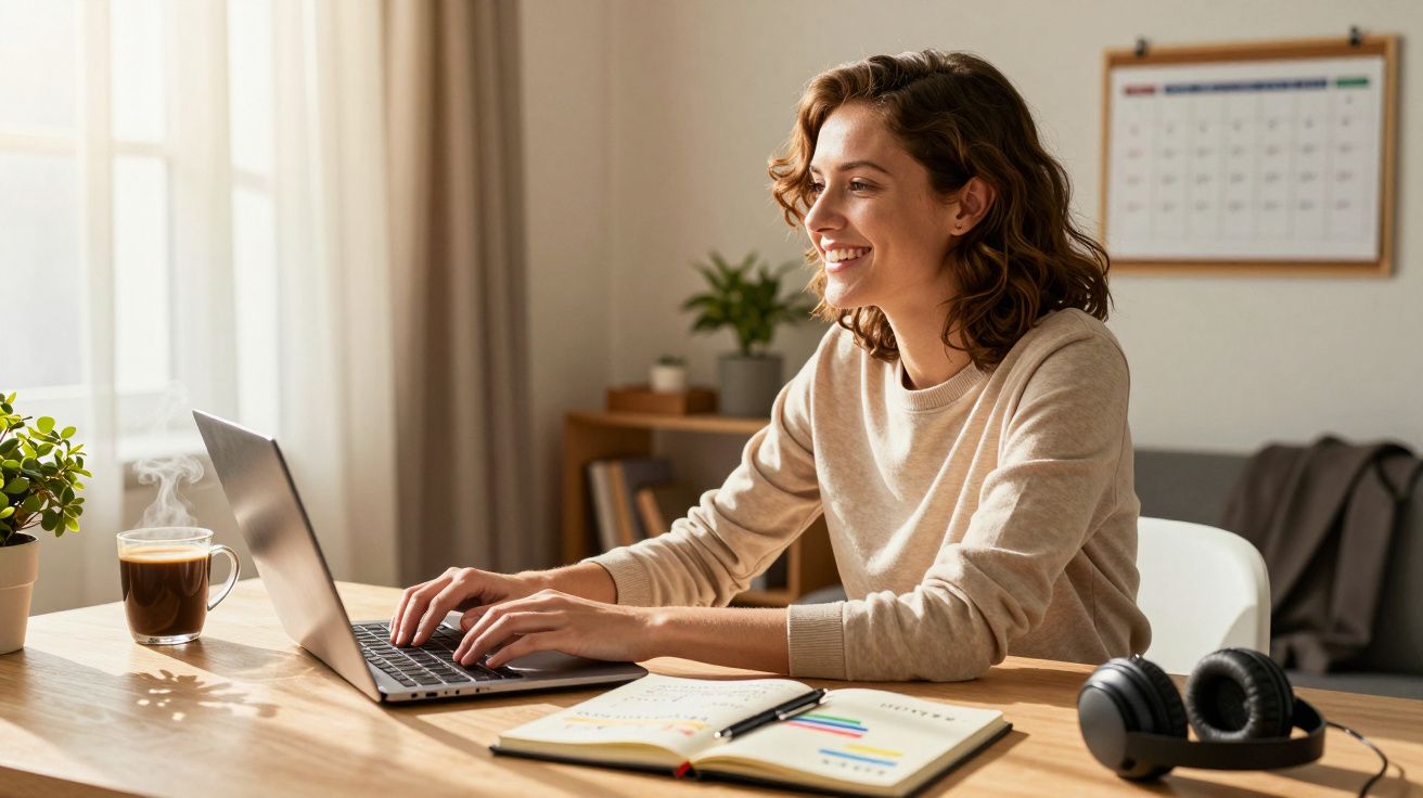 Mulher sorrindo trabalha num portátil numa secretária, com caderno, auscultadores e café ao lado.