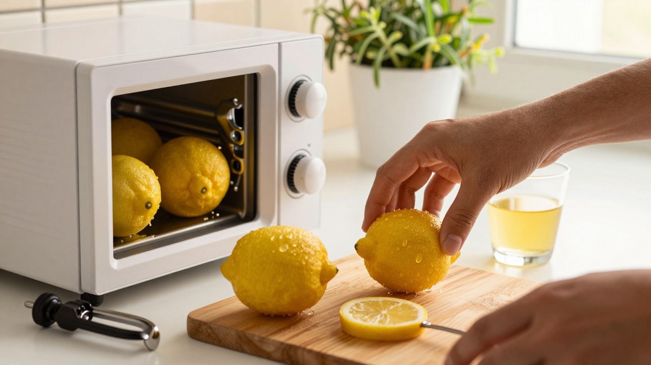 Mão segurando limão fresco em tábua de madeira com sumo de limão ao lado e forno aberto ao fundo com limões dentro.