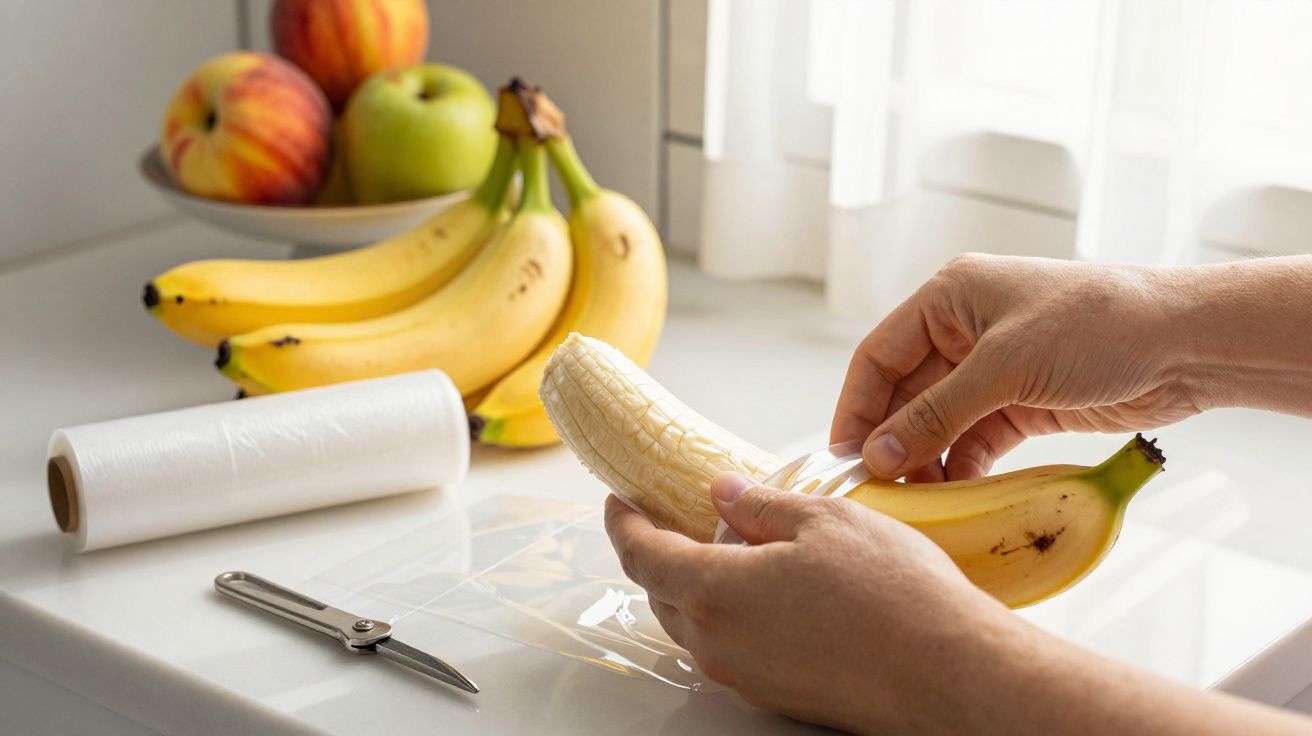 Mãos embrulham banana em película aderente; ao fundo, maçãs e mais bananas sobre bancada branca.