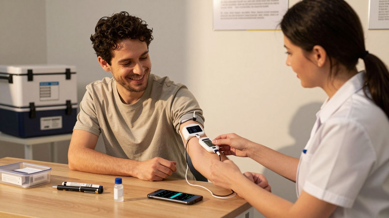 Enfermeira mede a pressão arterial de um homem sorridente numa clínica.