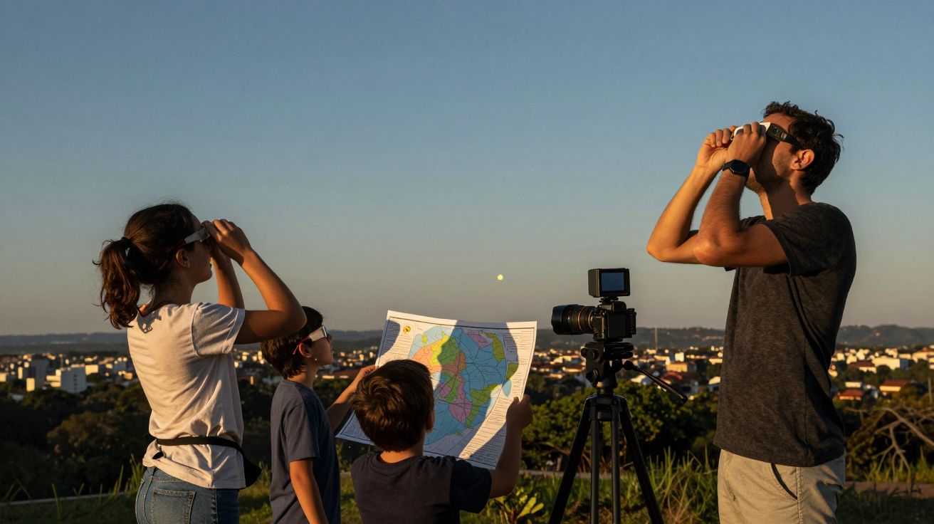 Família observa o céu com binóculos e mapa, ao lado de telescópio, numa colina com cidade ao fundo ao entardecer.