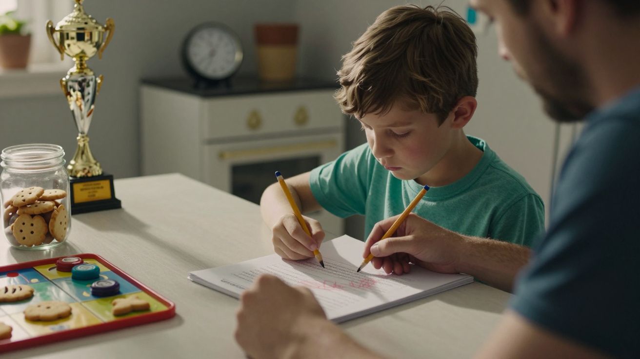 Criança escreve em caderno com ajuda de adulto. Na mesa, jogo de tabuleiro, frasco de bolachas e troféu dourado.