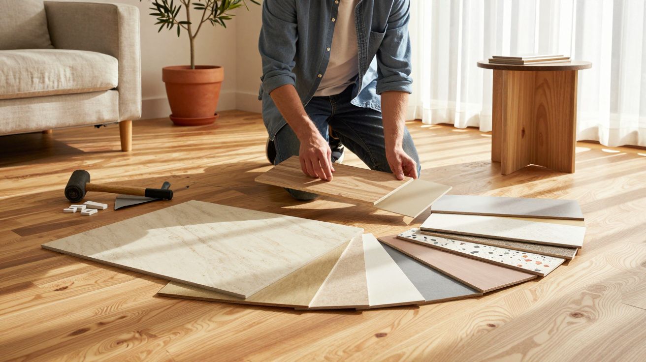 Pessoa escolhendo amostras de pisos de madeira em uma sala iluminada com sofá, planta e mesa pequena.